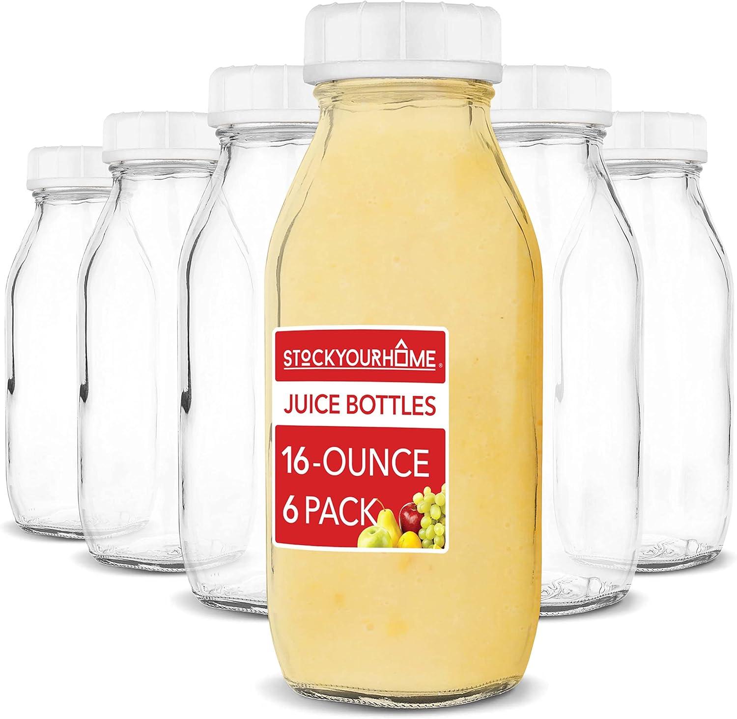 image16 oz Glass Juice Bottles With Caps 2 Pack Reusable Glass Bottles with 6 Tamper Proof SnapOn Caps Food Grade Glass Bottles Juice Containers with Lids for Cold Beverages Stock Your Home6