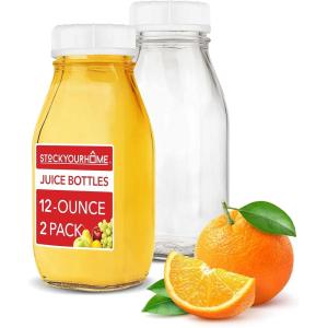 16 oz Glass Juice Bottles With Caps (2 Pack) – Reusable Glass Bottles with 6 Tamper Proof Snap-On Caps – Food Grade Glass Bottles – Juice Containers with Lids for Cold Beverages – Stock Your Home(2)