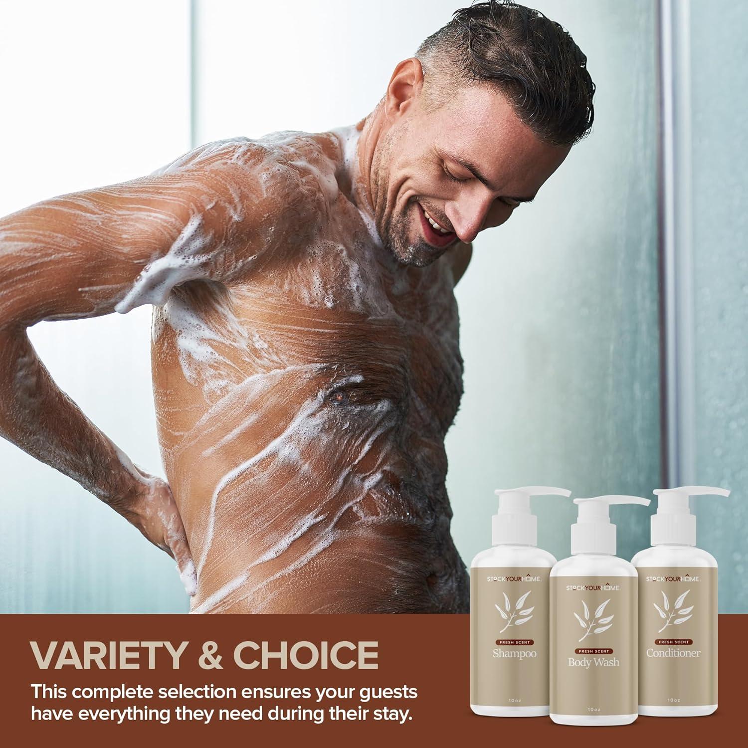 imageShower Essentials Set for Men and Women Includes 10 oz Body Wash Shampoo and Conditioner Hydrating amp Nourishing Shampoo Conditioner Body Wash Set guest bathroom toiletries for HotelsFresh