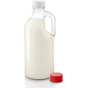 Stock Your Home Glass Milk Bottle with Lid and Handle 40oz (1 Pack), 2 Reusable Caps, Milk Container for Refrigerator, Glass Juice Bottles, Water, Almond Milk Storage Bottle, Glass Milk Jug(1 Count)