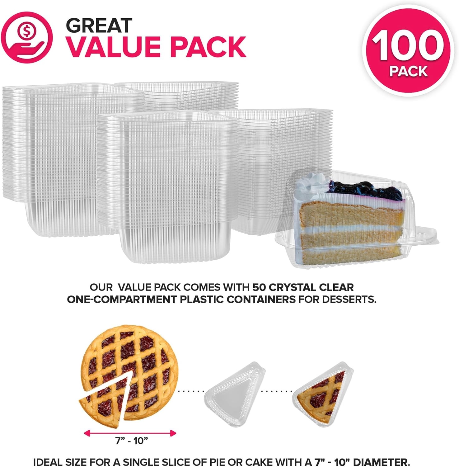 image:imageStock Your Home Cake Slice Container 100 Pack 1 Compartment Clear Plastic Cake Slice Trays with Hinged Lid Single Slice Container for 7 to 10 Inch Cake or Pie Desserts100