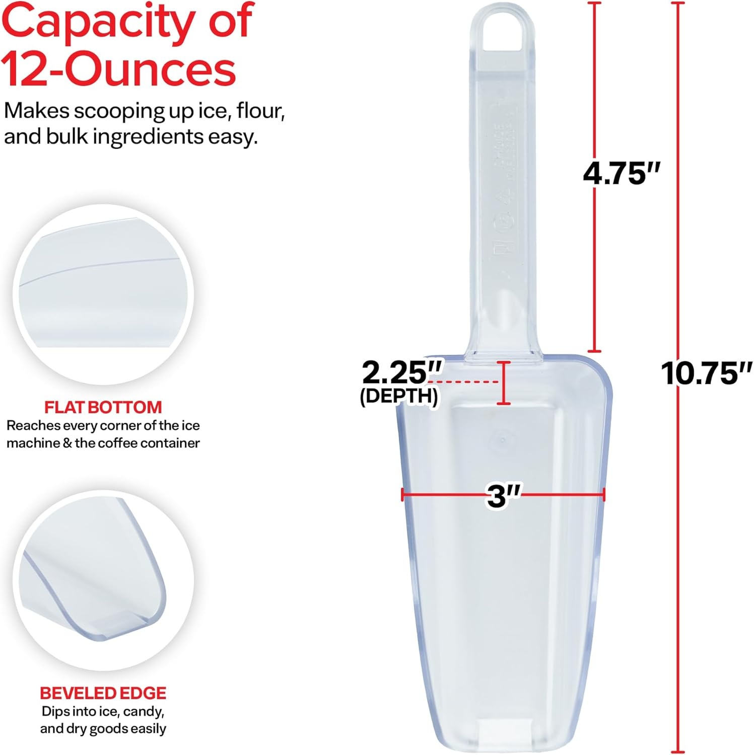 image:imageIce Scoop for Freezer 12 oz Clear Plastic Ice Scooper NSF Certified Foodservice Utility Scoop Beveled Edge Hanging Slot Bar Scoop Ice Bin Ice Machine Candy Popcorn Cocktail