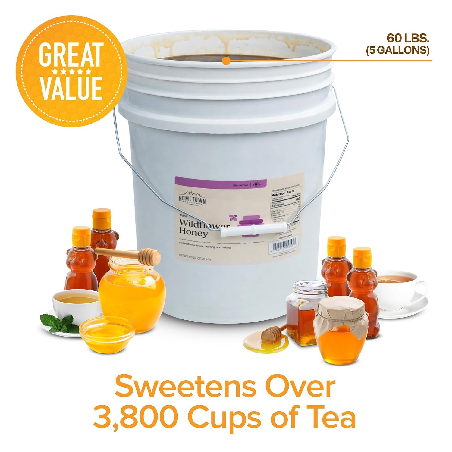 image:imageStock Your Home Pure Wildflower Honey 60 lbs 5 Gallon Bulk Honey Bucket with Easy Pop Out Pour Spout Kosher Gluten Free For Mead Making Home Brewing Food Service