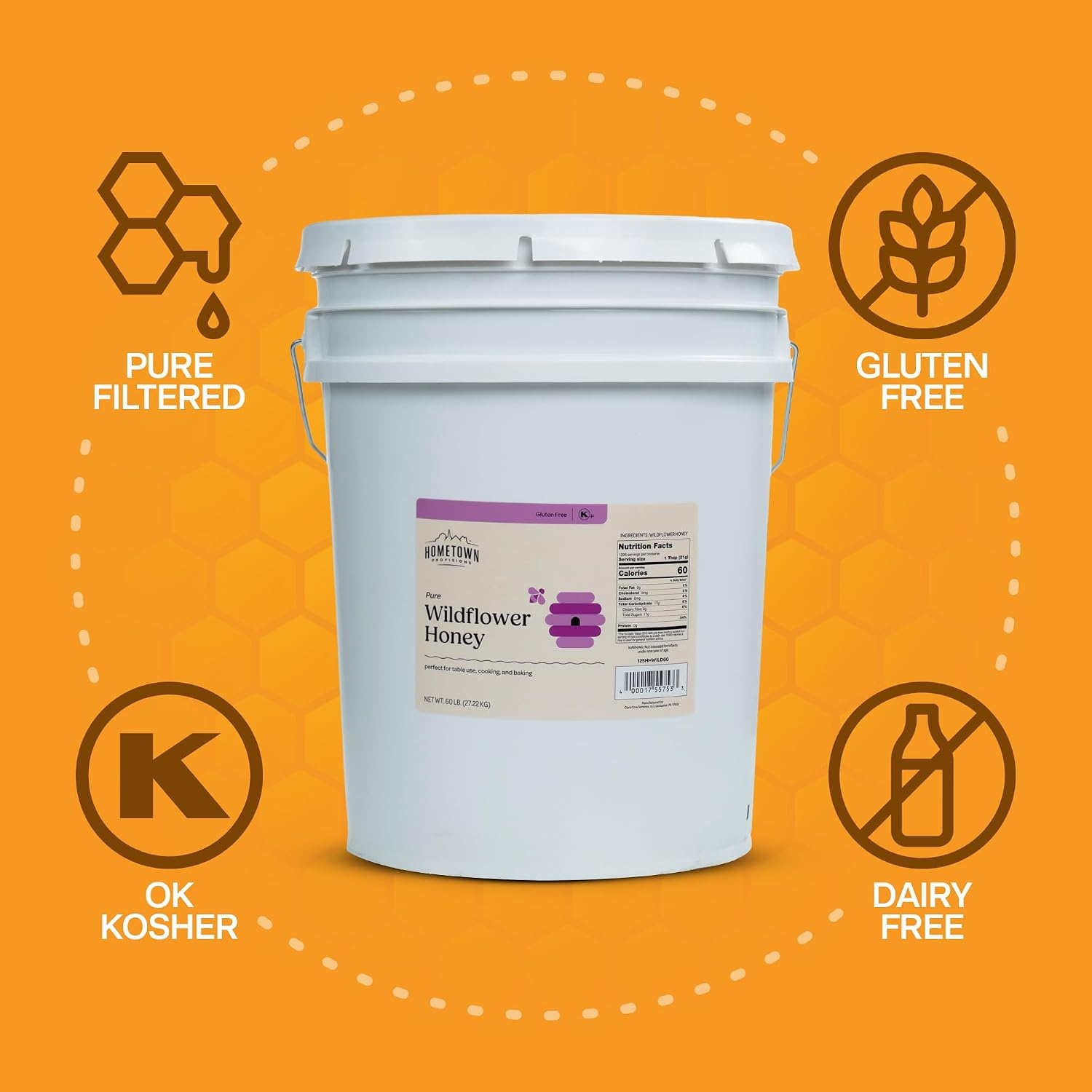 image:imageStock Your Home Pure Wildflower Honey 60 lbs 5 Gallon Bulk Honey Bucket with Easy Pop Out Pour Spout Kosher Gluten Free For Mead Making Home Brewing Food Service
