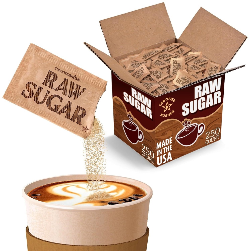 image:imageStock Your Home Bulk Sugar Packets 250 Count Turbinado Raw Sugar  Individual Servings Granulated Brown Sugar For Coffee and Tea Restaurants Coffee Shops Offices