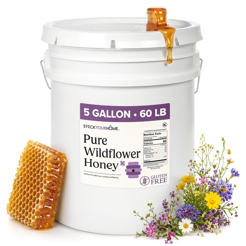 image:imageStock Your Home Pure Wildflower Honey 60 lbs 5 Gallon Bulk Honey Bucket with Easy Pop Out Pour Spout Kosher Gluten Free For Mead Making Home Brewing Food Service