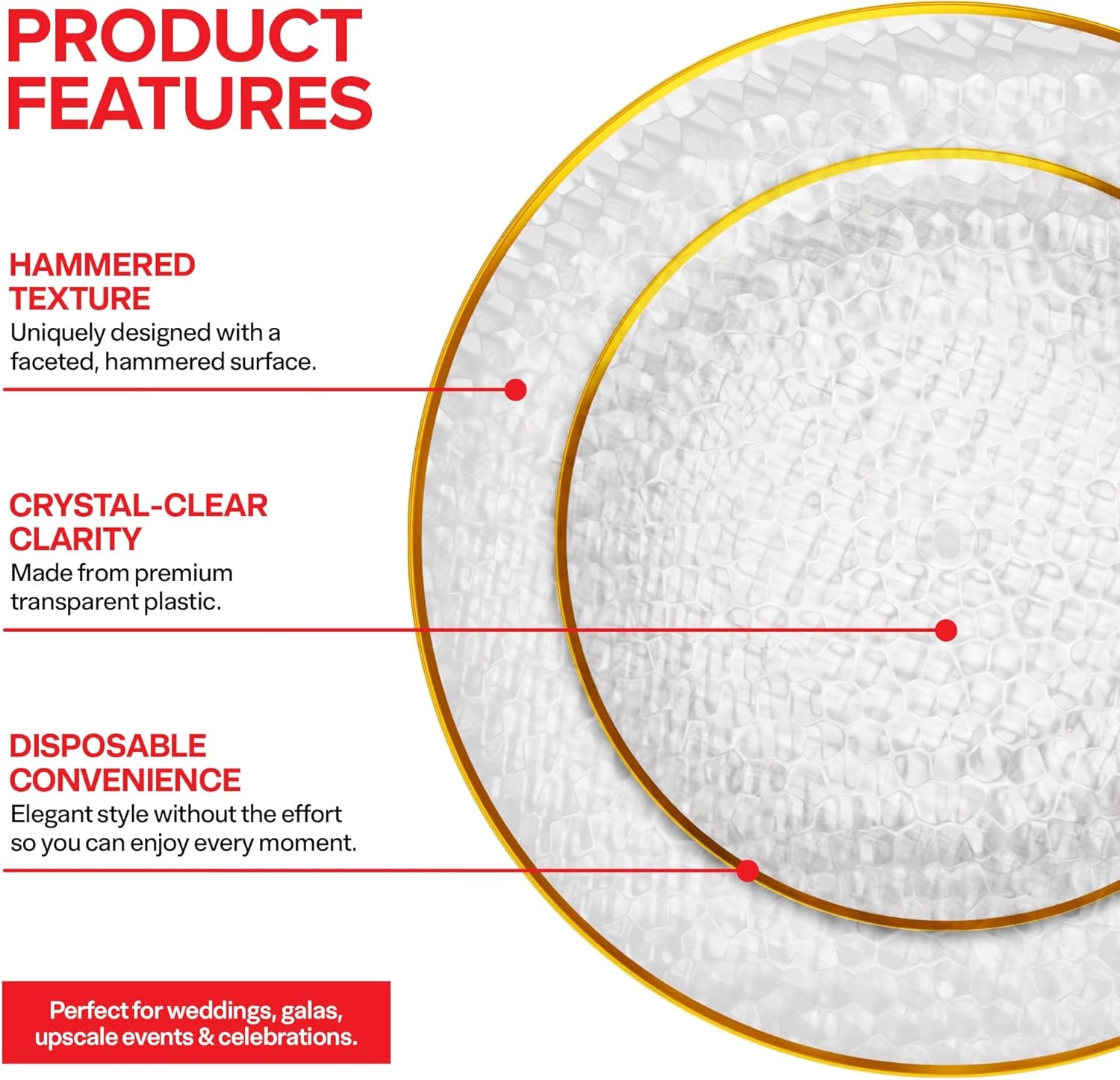 image:imageStock Your Home Clear Disposable Plates with Gold Rim 100 Pack Elegant Hammered Party Plates 50 Dinner amp 50 Dessert Plates for Weddings Holidays amp Special Events100 Pack