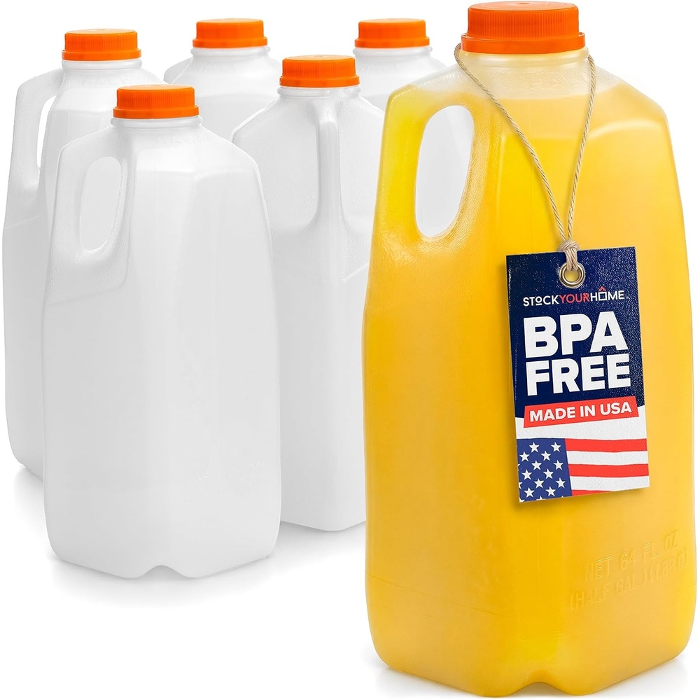 image:imageStock Your Home Half Gallon Jugs 64 oz BPAFree FoodGrade Made in USA Set of 6 HDPE Plastic Tamper Evident Caps Freezer Safe For Juice Lemonade Cider Milk Water