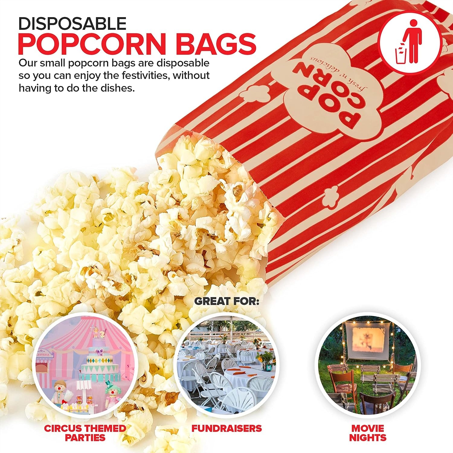 image:image1 oz Paper Popcorn Bags Bulk 100 Pack Small Kraft amp Red Popcorn Bag Disposable for Carnival Themed Party Movie Night Halloween Popcorn Machine Accessories amp Supplies Individual Servings
