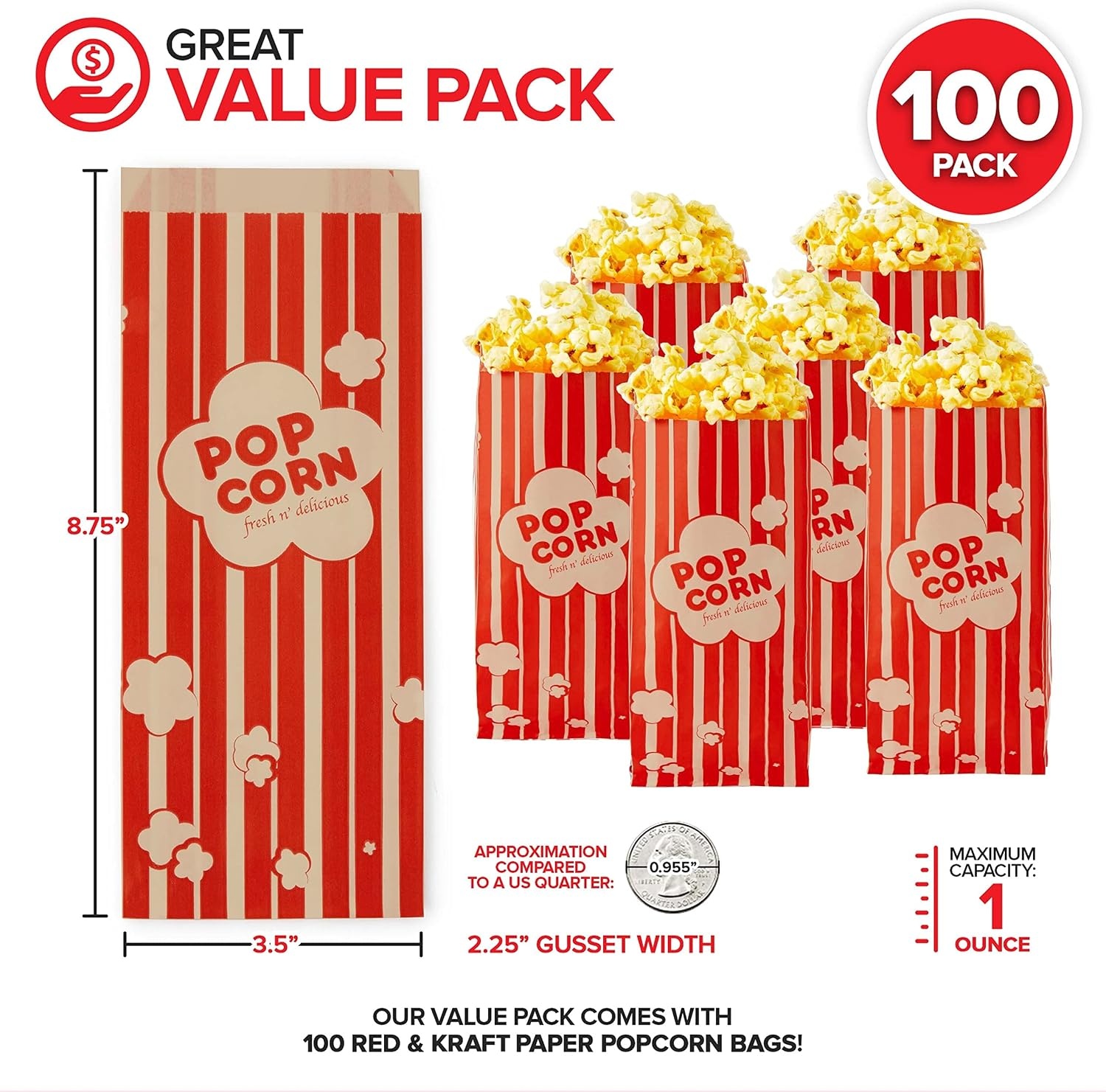 image:image1 oz Paper Popcorn Bags Bulk 100 Pack Small Kraft amp Red Popcorn Bag Disposable for Carnival Themed Party Movie Night Halloween Popcorn Machine Accessories amp Supplies Individual Servings