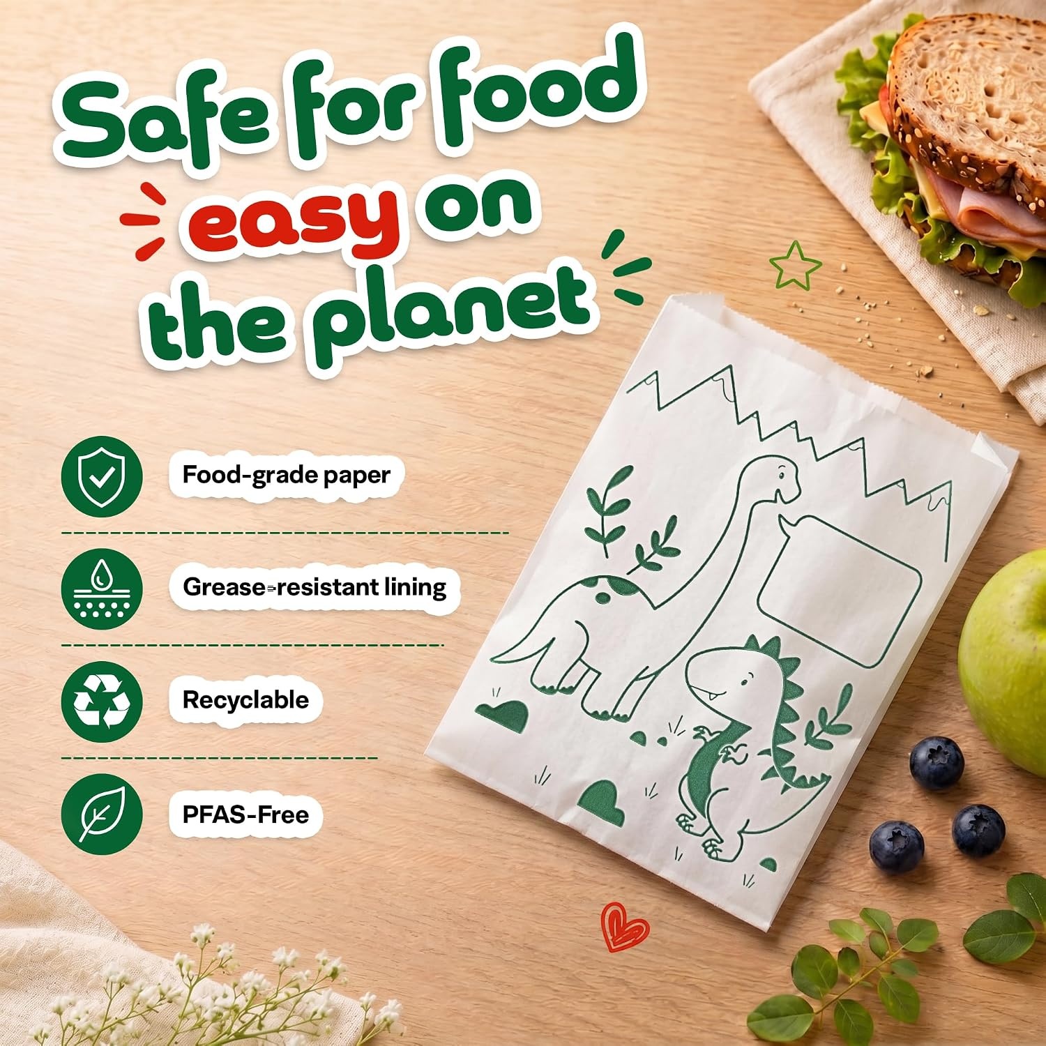 image:imageStock Your Home Paper Sandwich Bags 200 Count Paper Snack BagsDinosaur Friends