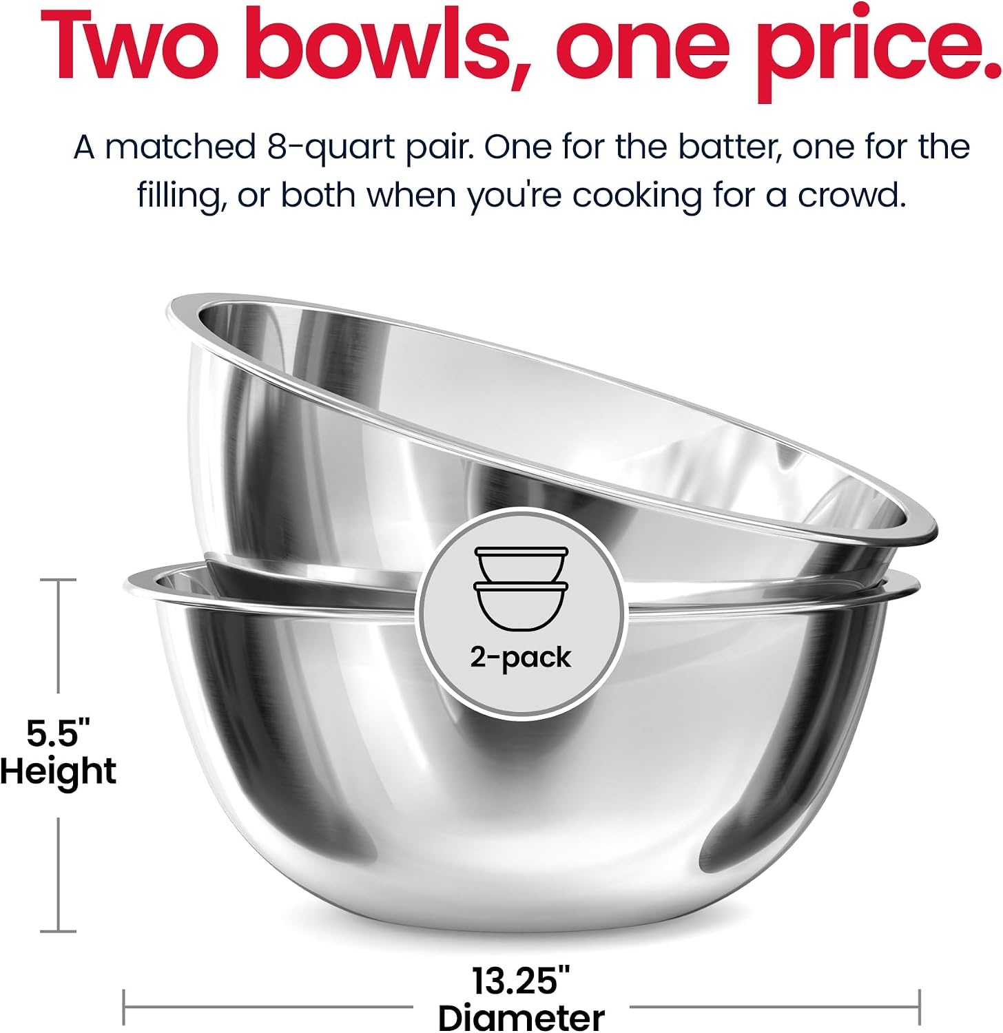 image:imageStock Your Home Large Mixing Bowl 8 Quart Stainless Steel Bowl 2 Pack